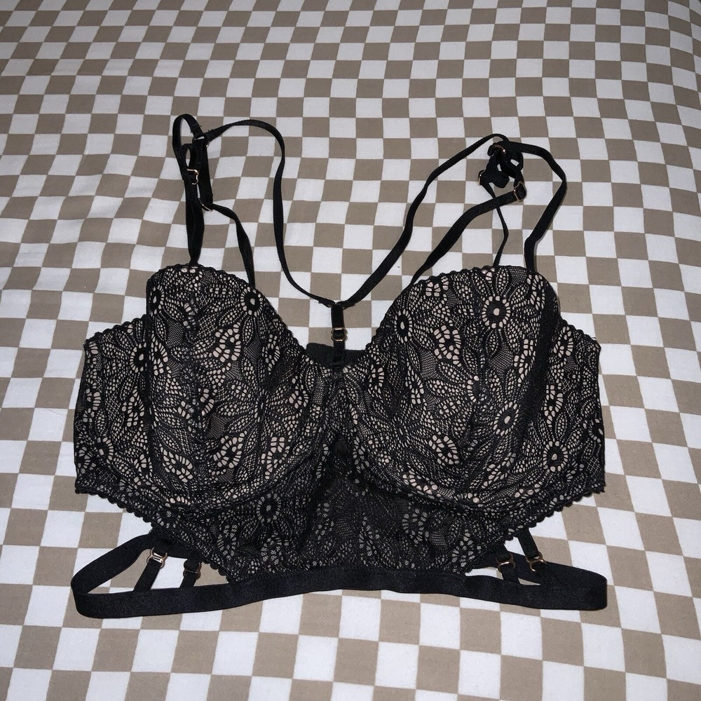 32D‎ Victoria's Secret Very Sexy Balconet Strappy Long Line Bra Black Lingerie